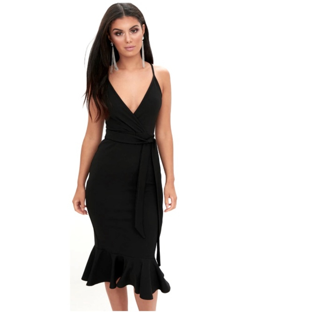 Prettylittlething  black strappy tie waist fishtail midi dress